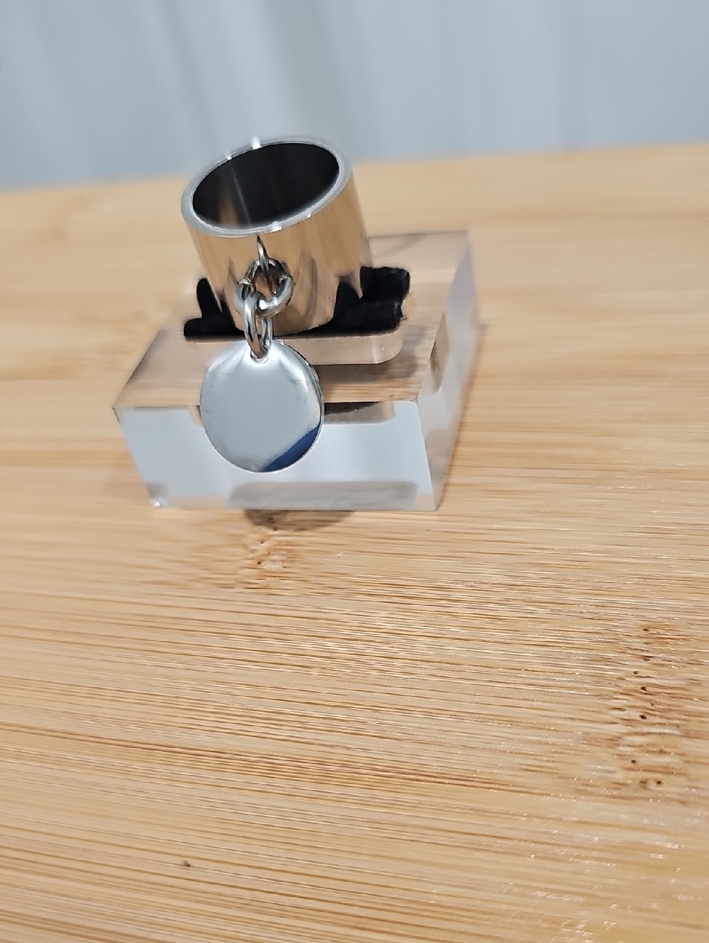 Polished Stainless Steel Statement Ring with Disc Charm